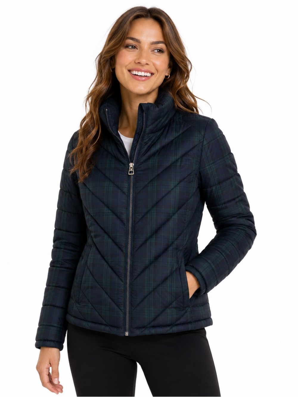 Tommy Hilfiger Navy Green Watch Plaid  Puffer Jacket-Large